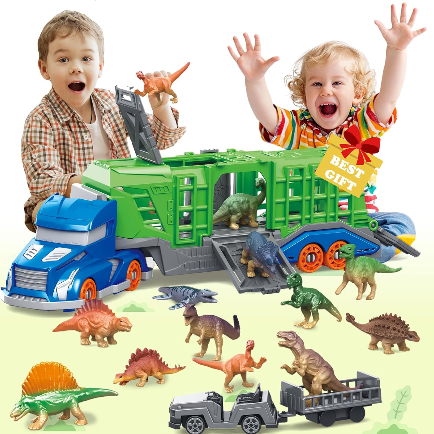 Model Kit Dinosaur - 恐竜動物輸送車両おもちゃセットには、輸送車両1台、恐竜または動物12体、小型輸送車両2台が含まれます。 輸送車両には回転式キャブと4つの開閉可能なドアが備えています。 3歳以上の子供に適しており、想像力を刺激し、実践的なスキルを養います。 クリスマス、ハロウィン、感謝祭、誕生日に最適な贈り物です。
