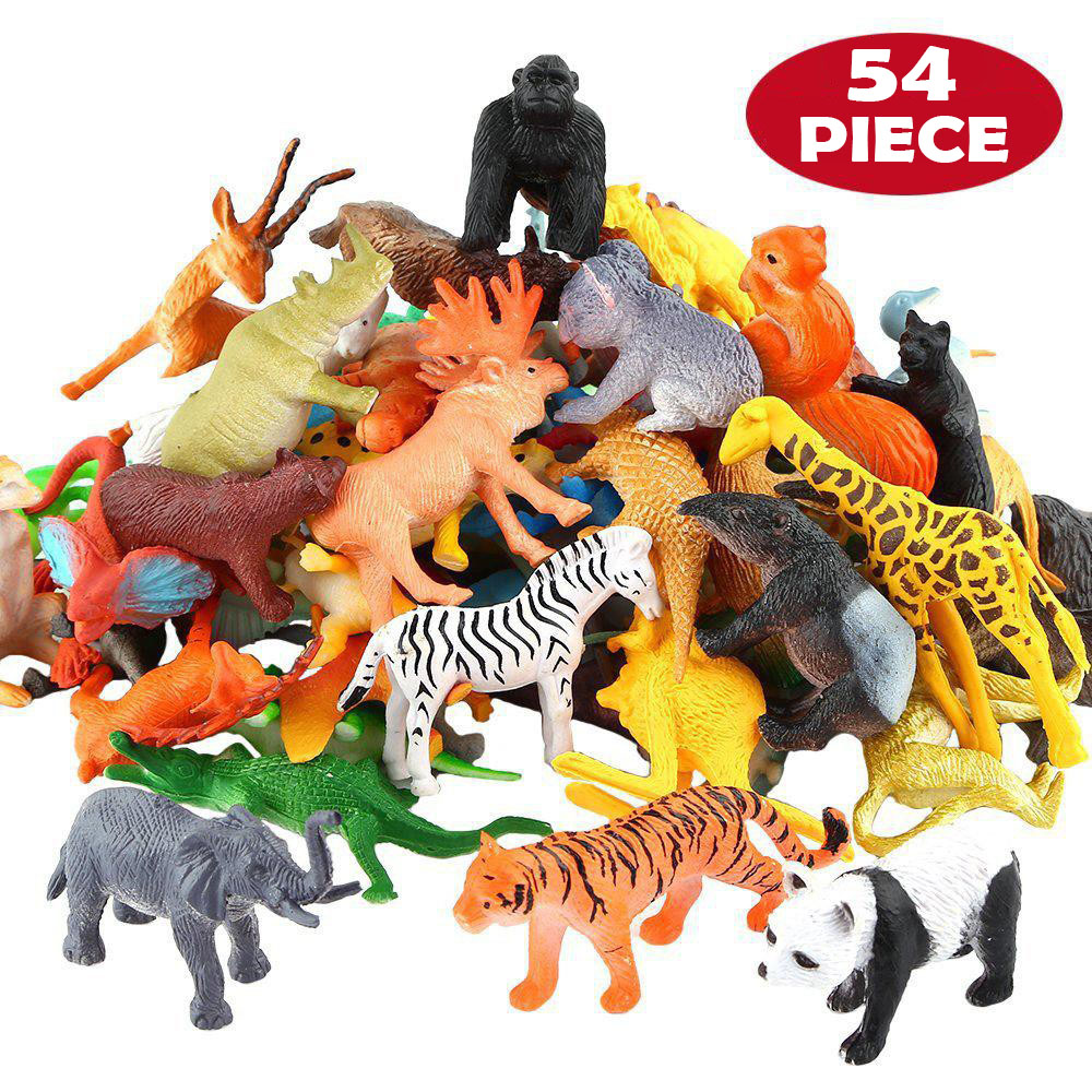 Model Kit Dinosaur - 54 個ミニジャングル動物おもちゃセットリアルな野生プラスチック動物学習おもちゃ象ガゼルキリンヌーゴリラライオンタイガー